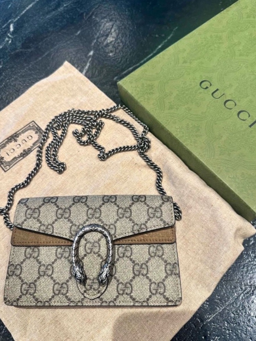 Gucci Beige GG Supreme Dionysus Chain Wallet with Brown Trim
